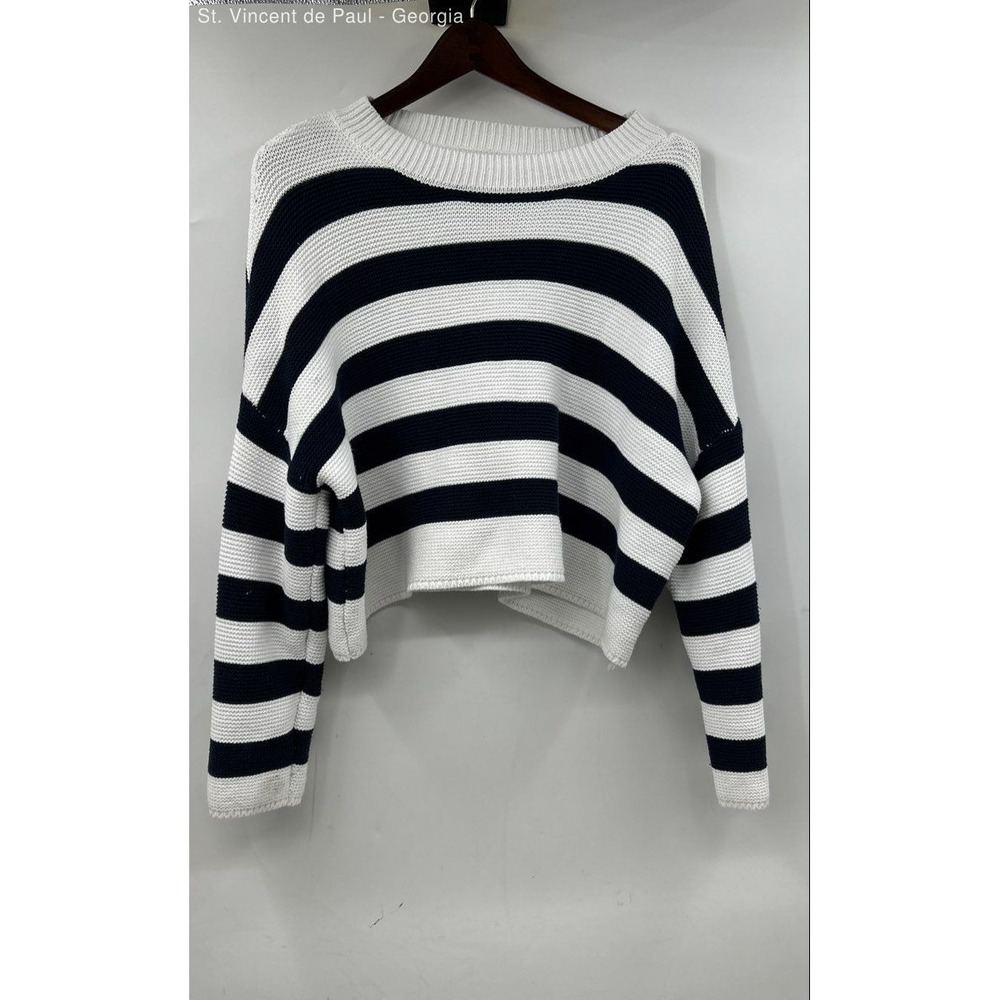 Moon & Madison Striped Cropped Tight Knit Sweater Women's Large White Black